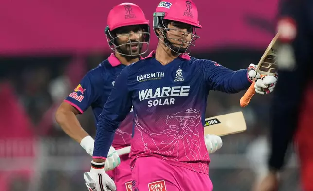 dRajasthan Royals' Vaibhav Sooryavanshi celebrates his fifty runs uring the Indian Premier League cricket match between Royal Challengers Bengaluru and Rajasthan Royals in Guwahati, India, Friday, April 10, 2026. (AP Photo/Anupam Nath)