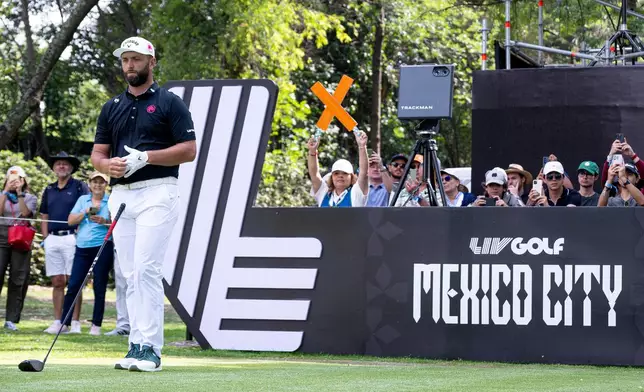 Captain Jon Rahm, of Legion XIII, waits to hit on the 13th tee during the final round of LIV Golf Mexico City at Club de Golf Chapultepec, Sunday, April 19, 2026, in Naucalpan, Mexico. (Charles Laberge/LIV Golf via AP)
