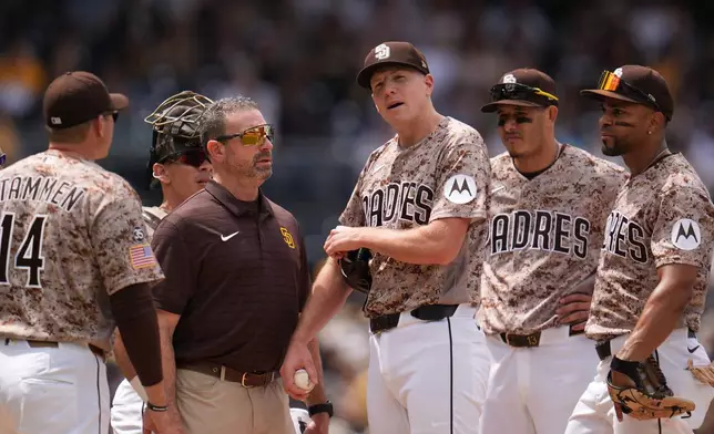 San Diego Padres pitcher Nick Pivetta, center, reacts before exiting during the fourth inning of a baseball game against the Colorado Rockies Sunday, April 12, 2026, in San Diego. (AP Photo/Gregory Bull)