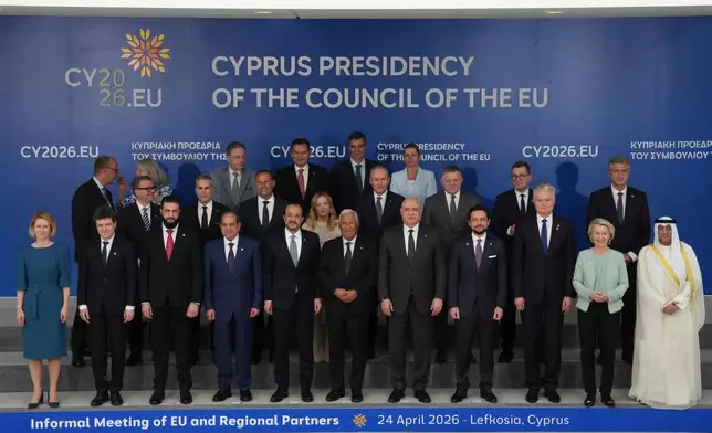 EU and Middle East leaders pose for a family photo of the EU Summit in Nicosia, Cyprus, Friday, April 24, 2026. (AP Photo/Petros Karadjias)