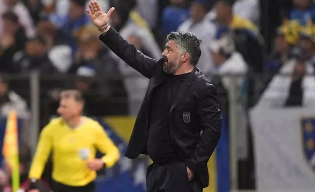 Italy's coach Gennaro Gattuso directs his team during the World Cup qualifying playoff final soccer match between Bosnia and Italy in Zenica, Bosnia, Tuesday, March 31, 2026. (Fabio Ferrari/LaPresse via AP)
