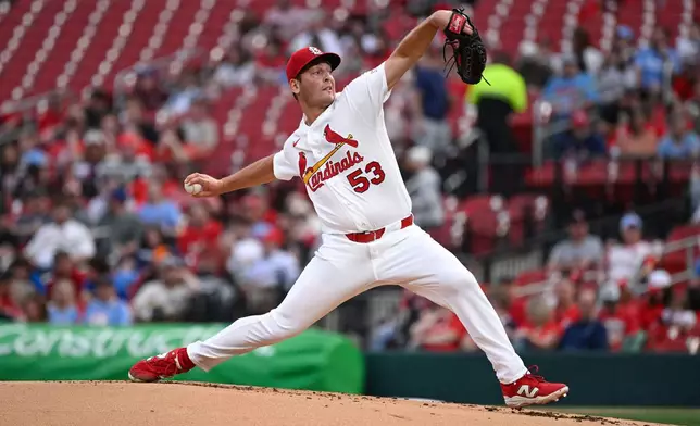 St. Louis Cardinals starting pitcher Andre Pallante (53) throws in the first inning of a baseball game against the New York Mets, Tuesday, March 31, 2026, in St. Louis. (AP Photo/Joe Puetz)