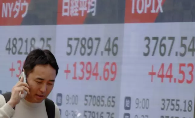 A person walks in front of an electronic stock board showing New York Dow, Japan's Nikkei, and Topix indexes at a securities firm Tuesday, April 14, 2026, in Tokyo. (AP Photo/Eugene Hoshiko)