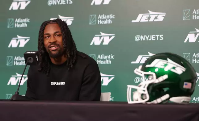 New York Jets first round draft pick, No. 30 overall, Omar Cooper Jr. speaks during an introductory press conference at the NFL team's training facility, Friday, April 24, 2026, in Florham Park, N.J. (AP Photo/Heather Khalifa)