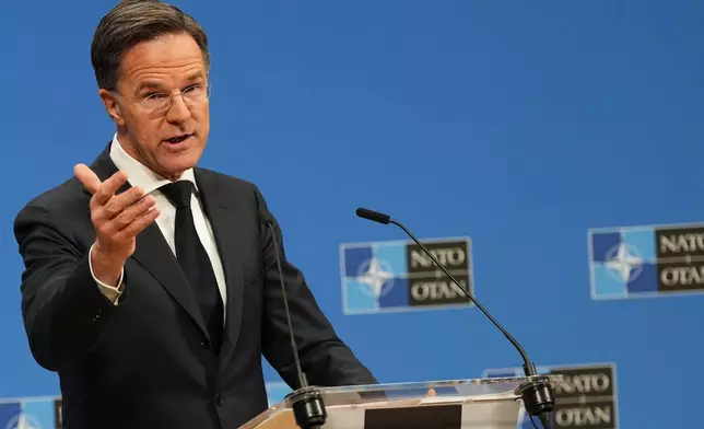 NATO Secretary General Mark Rutte speaks during the launch of the NATO Secretary General's Annual Report for 2025 at NATO headquarters in Brussels, Thursday, March 26, 2026. (AP Photo/Virginia Mayo)