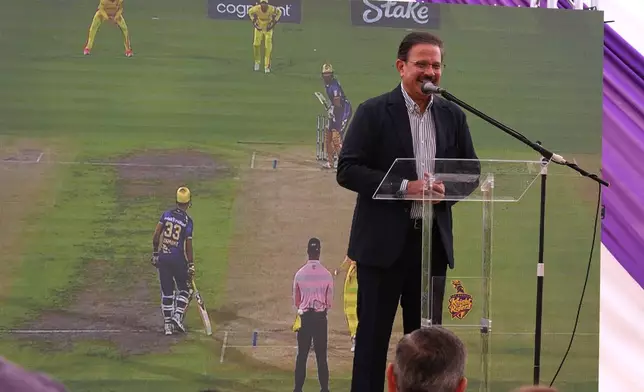 Venky Mysore, the chief executive officer (CEO) and managing director of the Kolkata Knight Riders (KKR) welcomes guests to the groundbreaking ceremony for the official home field for the Los Angeles Knight Riders for 2026, and the future venue of the LA 2028 Olympics Fairgrounds Cricket Stadium at the Pomona Fairplex in Pomona, Calif., Wednesday, April 22, 2026. (AP Photo/Damian Dovarganes)