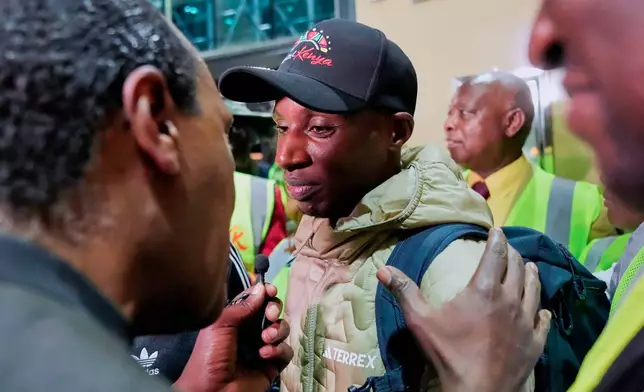 Sabastian Sawe is welcomed after arriving on a flight from London, Wednesday, April 29, 2026, at Jomo Kenyatta International Airport in Nairobi, Kenya, after setting a new world record in the marathon. (AP Photo/Brian Inganga) CORRECTION: Corrects spelling of first name to Sabastian, not Sebastian