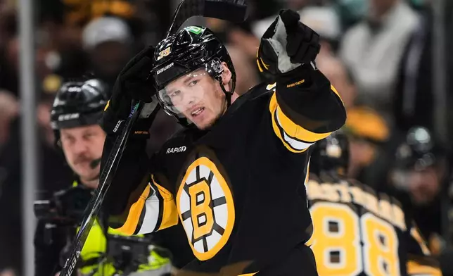 Boston Bruins center Morgan Geekie (39) celebrates his goal during the second period of an NHL hockey game against the Tampa Bay Lightning, Saturday, April 11, 2026, in Boston. (AP Photo/Robert F. Bukaty)