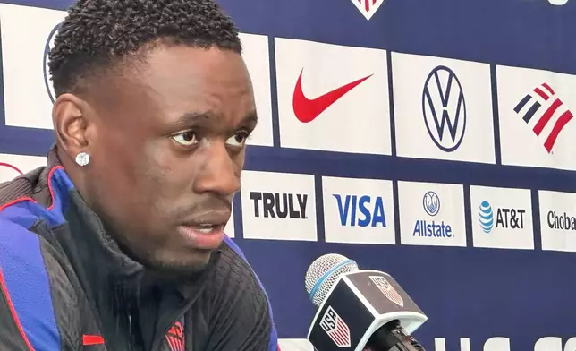 Unites States' Folarin Balogun speaks during a news conference before the men's national soccer team training, Friday, March 27, 2026, in Marietta, Ga. (AP Photo/Ronald Blum