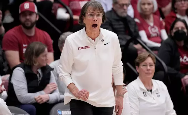 FILE - Stanford head coach Tara VanDerveer reacts during the first half of the team's second-round college basketball game in the women's NCAA Tournament against Iowa State in Stanford, Calif., March 24, 2024. (AP Photo/Jeff Chiu, File)