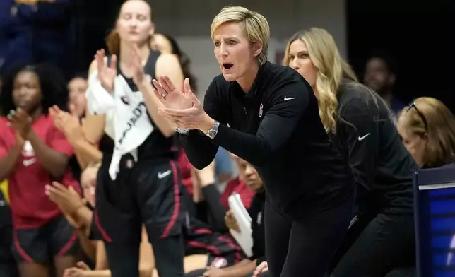 FILE - Stanford head coach Kate Paye reacts during the first half of an NCAA college basketball game against California in Berkeley, Calif., Dec. 13, 2024. (AP Photo/Jeff Chiu, File)