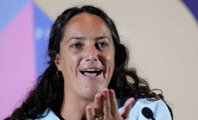 FILE - Maggie Steffens speaks to reporters during a news conference ahead of the 2024 Summer Olympics, July 24, 2024, in Paris. (AP Photo/Luca Bruno, File)