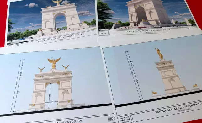 Artist renderings and diagrams for President Donald Trump's new triumphal arch released by the U.S. Commission on Fine Arts that is planned to be built in Washington between the Lincoln Memorial and Arlington National Cemetery, are photographed Friday, April 10, 2026. (AP Photo/Jon Elswick)