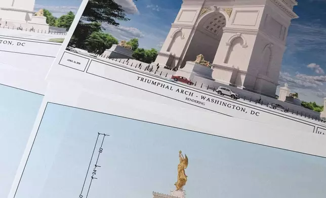 Artist renderings and diagrams for President Donald Trump's new triumphal arch released by the U.S. Commission on Fine Arts that is planned to be built in Washington between the Lincoln Memorial and Arlington National Cemetery, are photographed Friday, April 10, 2026. (AP Photo/Jon Elswick)