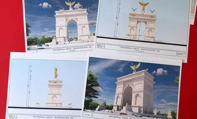 Artist renderings and diagrams for President Donald Trump's new triumphal arch released by the U.S. Commission on Fine Arts that is planned to be built in Washington between the Lincoln Memorial and Arlington National Cemetery, are photographed Friday, April 10, 2026. (AP Photo/Jon Elswick)