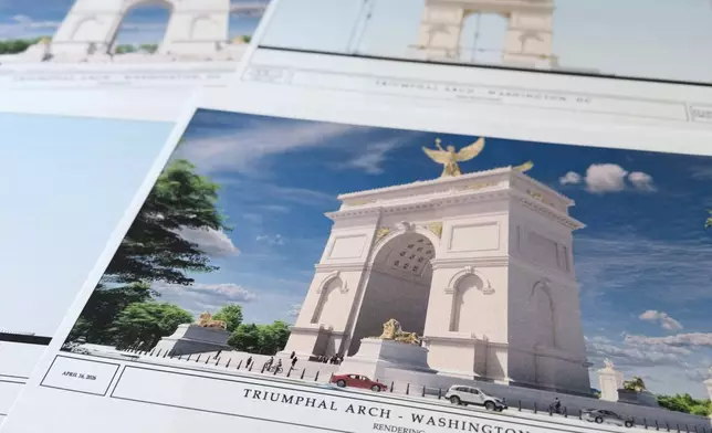 Artist renderings and diagrams for President Donald Trump's new triumphal arch released by the U.S. Commission on Fine Arts that is planned to be built in Washington between the Lincoln Memorial and Arlington National Cemetery, are photographed Friday, April 10, 2026. (AP Photo/Jon Elswick)