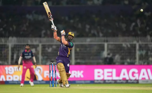 Kolkata Knight Riders' Anukul Roy plays a shot during the Indian Premier League cricket match between Kolkata Knight Riders and Rajasthan Royals in Kolkata, India, Sunday, April 19, 2026. (AP Photo/Bikas Das)