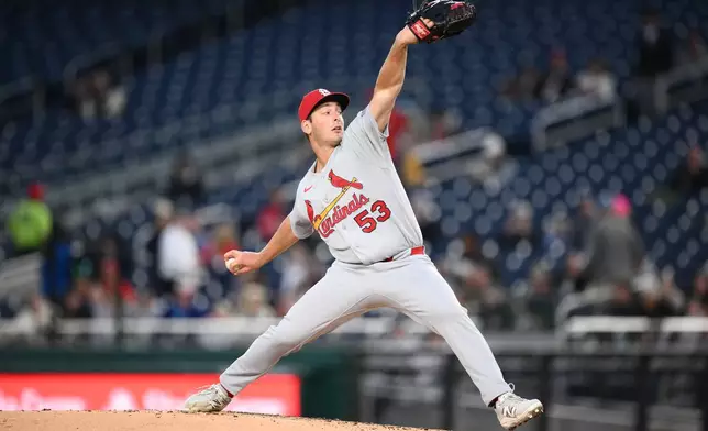 St. Louis Cardinals starting pitcher Andre Pallante throws during the third inning of a baseball game against the Washington Nationals, Monday, April 6, 2026, in Washington. (AP Photo/Nick Wass)
