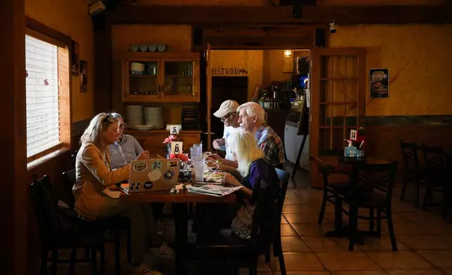 Members of the Goochland Democratic Committee Jen Strozier, Doug Mock, Chris Svoboda, Richard Grebe and Judi Sheppard hold a lunch meeting on future get-out-the-vote efforts for the Virginia redistricting referendum, Thursday, April 2, 2026, at GG's Pizza in Maiden, Va. (AP Photo/Julia Demaree Nikhinson)
