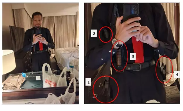 This image contained in a court filing by the Department of Justice, April 29, 2026, shows Cole Tomas Allen, left, inside his hotel room, on Saturday, April 25, 2026 in Washington, using his cellphone to take a photograph of himself in the mirror. An enhanced version of the image is right. (Department of Justice via AP)