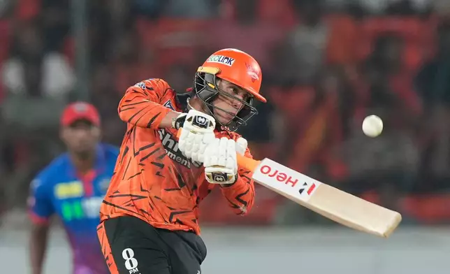 Sunrisers Hyderabad's Abhishek Sharma plays a shot during the Indian Premier League cricket match between Sunrisers Hyderabad and Delhi Capitals in Hyderabad, India, Tuesday, April 21, 2026. (AP Photo/Mahesh Kumar A.)
