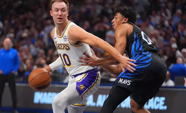 Los Angeles Lakers guard Luke Kennard (10) dribbles against Dallas Mavericks guard Max Christie (00) during the first half of an NBA basketball game in Dallas, Sunday, April 5, 2026. (AP Photo/LM Otero)