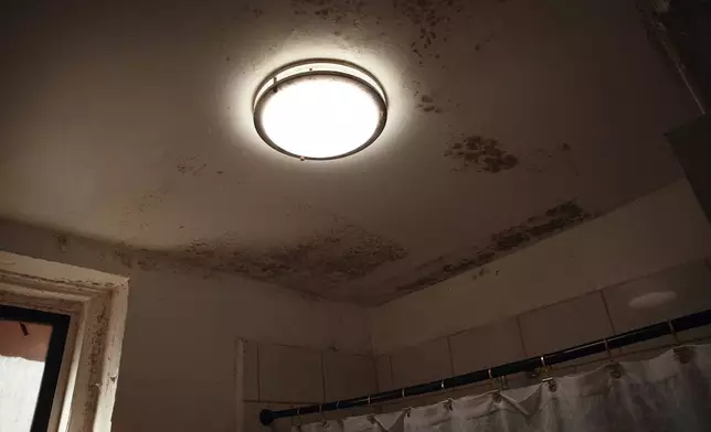 Humidity spreads in Jose Sanchez's bathroom ceiling in an apartment building where tenants report maintenance issues and pest infestations, in the Bronx borough of New York, Tuesday, March 17, 2026. (AP Photo/Andres Kudacki)