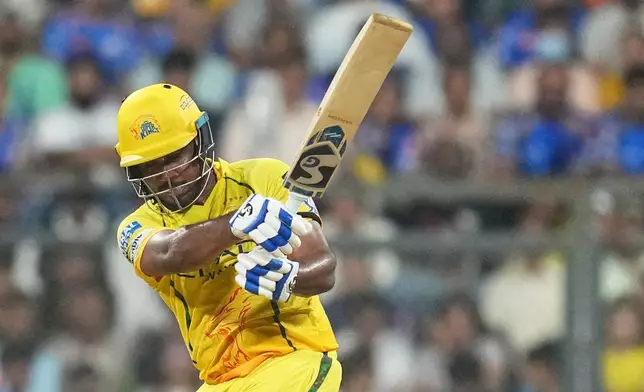 Chennai Super Kings' Sanju Samson plays a shot during the Indian Premier League cricket match between Mumbai Indians and Chennai Super Kings in Mumbai, India, Thursday, April 23, 2026.(AP Photo/ Rafiq Maqbool)