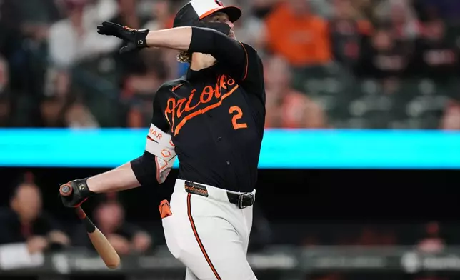 Baltimore Orioles' Gunnar Henderson follows through on a home run during the third inning of a baseball game against the San Francisco Giants, Saturday, April 11, 2026, in Baltimore. (AP Photo/Stephanie Scarbrough)