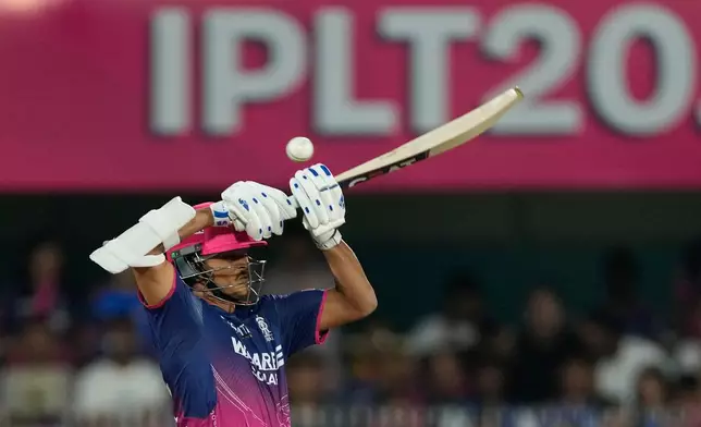 Rajasthan Royals' Yashasvi Jaiswal plays a shot during the Indian Premier League cricket match between Mumbai Indians and Rajasthan Royals in Guwahati, India, Tuesday, April 7, 2026. (AP Photo/Anupam Nath)