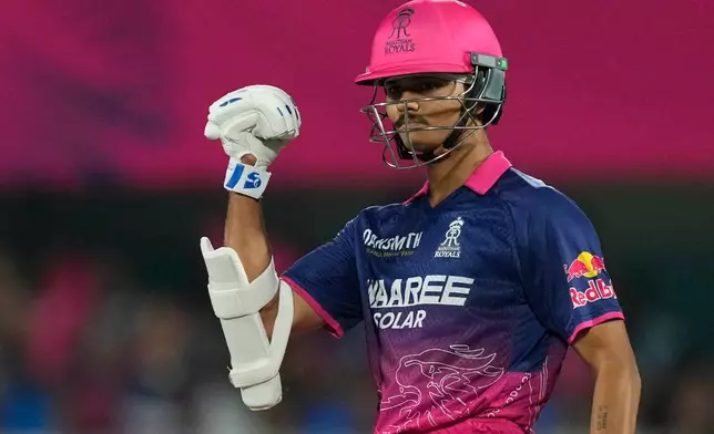 Rajasthan Royals' Yashasvi Jaiswal celebrates his fifty runs during the Indian Premier League cricket match between Mumbai Indians and Rajasthan Royals in Guwahati, India, Tuesday, April 7, 2026. (AP Photo/Anupam Nath)