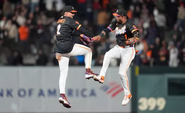 San Francisco Giants shortstop Willy Adames, left, celebrates with second baseman Luis Arraez after a baseball game against the Philadelphia Phillies in San Francisco, Tuesday, April 7, 2026. (AP Photo/Jeff Chiu)