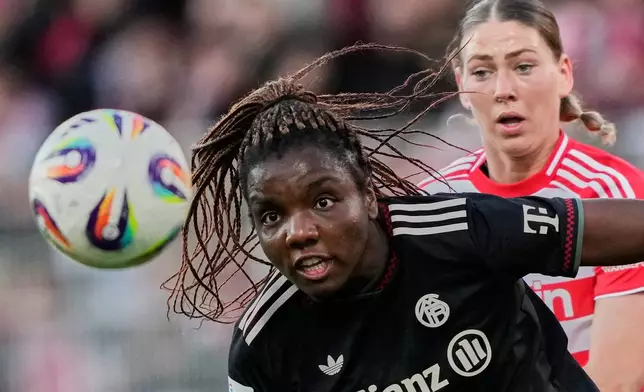 Bayern's Edna Imade watches the ball during a German women's Bundesliga soccer match between 1.FC Union Berlin and Bayern Munich in Berlin, Germany, Wednesday, April 22, 2026. (AP Photo/Ebrahim Noroozi)
