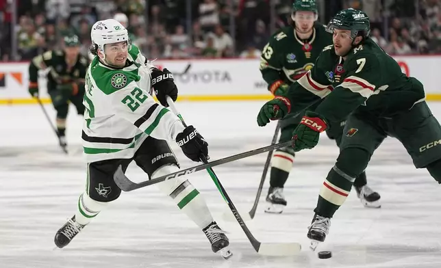 Dallas Stars center Mavrik Bourque (22) shoots as Minnesota Wild defenseman Brock Faber (7) defends during overtime of Game 3 in the first round of the NHL Stanley Cup hockey playoffs early morning Thursday, April 23, 2026, in St. Paul, Minn. (AP Photo/Abbie Parr)
