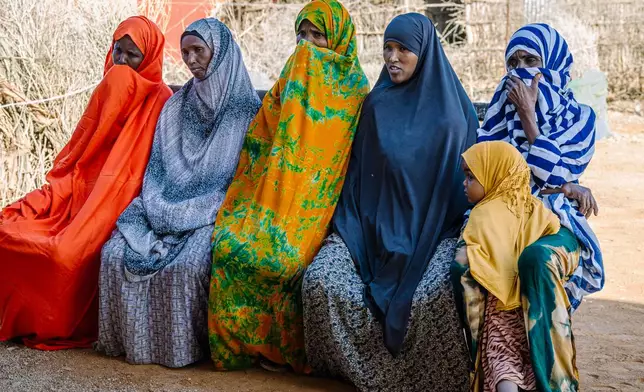 Women, who often help harvest myrrh, gather for a focus group to discuss it amid a drought Thursday Jan 8, 2026, in Afcadde, Ethiopia. (AP Photo/Julianne Gauron)
