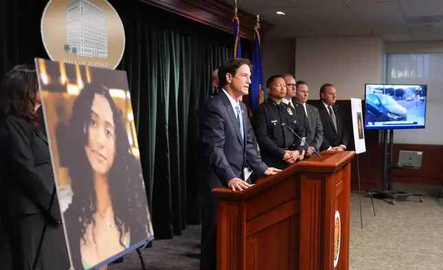Los Angeles district attorney Nathan Hochman answers questions Monday, April 20, 2026, in Los Angeles regarding the case of singer D4vd, who was charged on suspicion of killing a 14-year-old girl whose dismembered body was found in his car. (AP Photo/Damian Dovarganes)