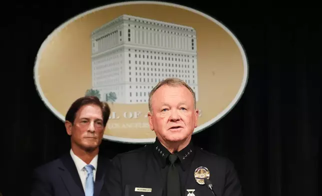 LAPD Chief Jim McDonnell speaks Monday, April 20, 2026, in Los Angeles regarding the case of singer D4vd, who was charged on suspicion of killing a 14-year-old girl whose dismembered body was found in his car. (AP Photo/Damian Dovarganes)