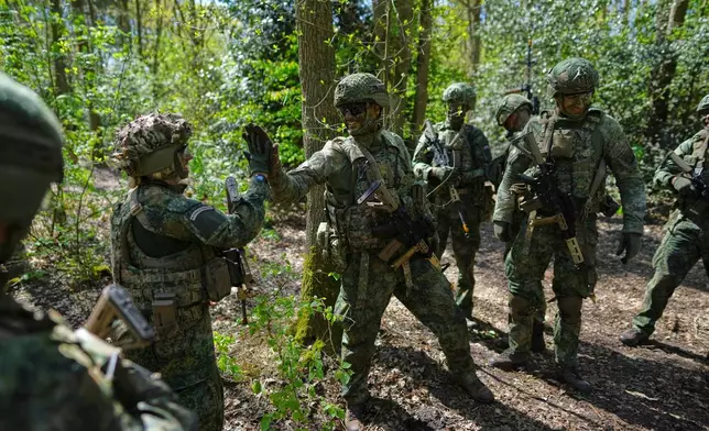 Members of the 10th Infantry Battalion Guard Security Corps National Reserve high-five after unearthing an enemy foxhole during a weekend exercise to hone their military skills as the Netherlands beefs up its military with new recruits and volunteer reservists in Havelte, Netherlands, Saturday, April 25, 2026. (AP Photo/Peter Dejong)