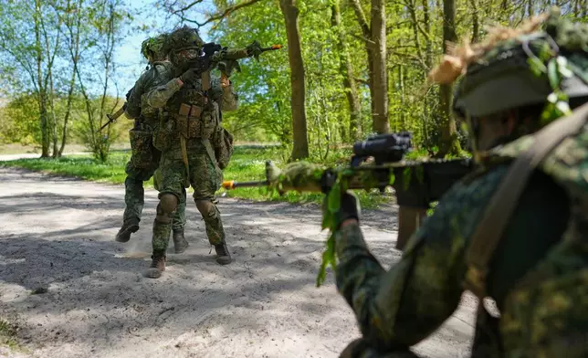 Members of the 10th Infantry Battalion Guard Security Corps National Reserve secure the crossing of a road during a weekend exercise to hone their military skills as the Netherlands beefs up its military with new recruits and volunteer reservists in Havelte, Netherlands, Saturday, April 25, 2026. (AP Photo/Peter Dejong)