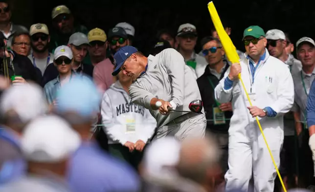 Bryson DeChambeau hits his tee shot on the seventh hole during a practice round ahead of the Masters golf tournament at the Augusta National Golf Club, Tuesday, April 7, 2026, in Augusta, Ga. (AP Photo/Matt Slocum)