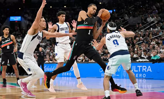 San Antonio Spurs center Victor Wembanyama (1) drives against Dallas Mavericks' Ryan Nembhard (9) during the second half of an NBA basketball game, Friday, April 10, 2026, in San Antonio. (AP Photo/Darren Abate)