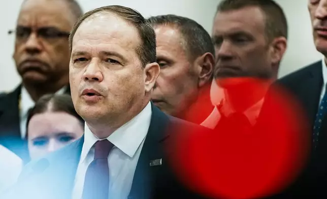 Suffolk County District Attorney Raymond A. Tierney speaks during a news conference after Rex Heuermann, accused in Long Island's Gilgo Beach serial killings, pleaded guilty on Wednesday, April 8, 2026, at Suffolk County Police Academy Gymnasium in Brentwood, N.Y. (AP Photo/Eduardo Munoz Alvarez)