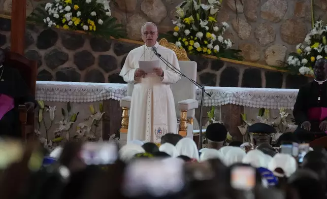 Pope Leo XIV leads a meeting for peace at Saint Joseph's Cathedral in Bamenda, Cameroon, with the local community Thursday, April 16, 2026, on the fourth day of his 11-day pastoral visit to Africa. (AP Photo/Andrew Medichini)