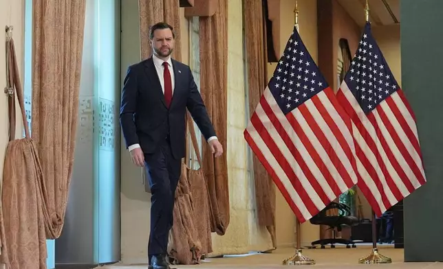 Vice President JD Vance arrives for news conference after meeting with representatives from Pakistan and Iran, Sunday, April 12, 2026, in Islamabad, Pakistan. (AP Photo/Jacquelyn Martin, Pool)