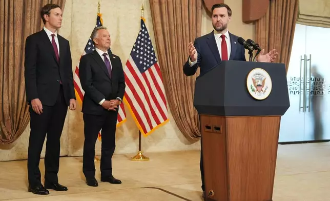 Vice President JD Vance, right, speaks during a news conference after meeting with representatives from Pakistan and Iran as Jared Kushner, left, and Steve Witkoff, Special Envoy for Peace Missions listen, on Sunday, April 12, 2026, in Islamabad, Pakistan. (AP Photo/Jacquelyn Martin, Pool)