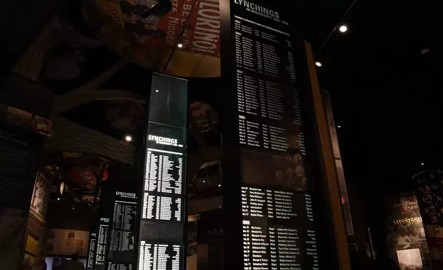 Lynching monoliths at the Mississippi Civil Rights Museum display the names of more than 600 victims of documented racial killings, March 26, 2026, in Jackson, Miss. (AP Photo/Sophie Bates)