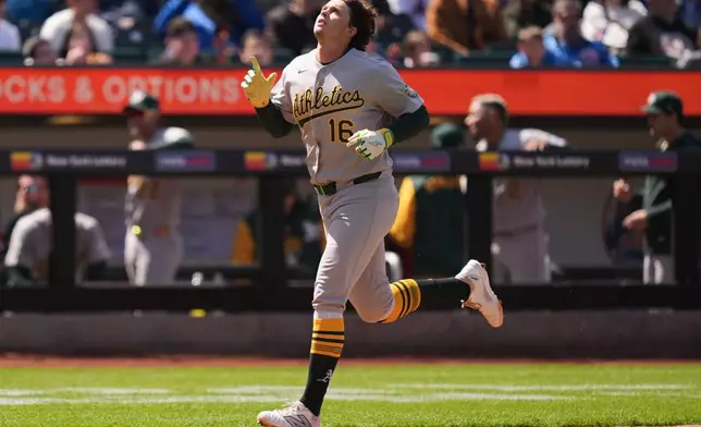 Oakland Athletics' Nick Kurtz reacts after hitting a solo home run during the third inning of a baseball game against the New York Mets, Sunday, April 12, 2026, in New York. (AP Photo/Seth Wenig)