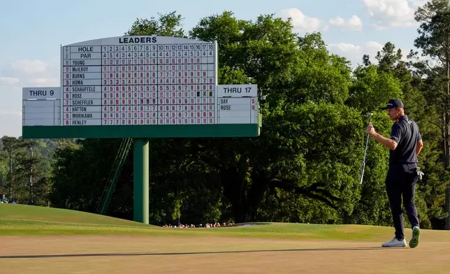 Justin Rose, of England, waves after his putt on the 18th hole during the final round of the Masters golf tournament at the Augusta National Golf Club, Sunday, April 12, 2026, in Augusta, Ga. (AP Photo/David J. Phillip)