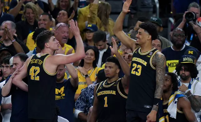 Michigan forward Yaxel Lendeborg (23) high fives forward Will Tschetter (42) during the second half of an NCAA college basketball tournament semifinal game against Arizona at the Final Four, Saturday, April 4, 2026, in Indianapolis. (AP Photo/AJ Mast)