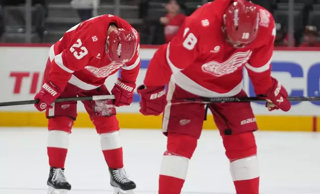 Detroit Red Wings left wing Lucas Raymond (23) and Andrew Copp (18) skate to the locker room after an NHL hockey game against the Minnesota Wild Sunday, April 5, 2026, in Detroit. (AP Photo/Paul Sancya)